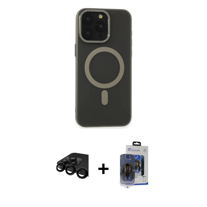 MARSİLYAN™- iPhone 15 Pro Max Kılıf Yadigar Işık - Siyah Vanessa Magic Cam + Raze Metal Kamera Lens - SH