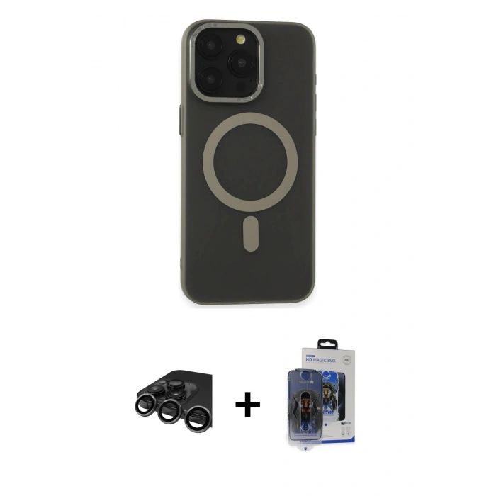 MARSİLYAN™- iPhone 15 Pro Max Kılıf Yadigar Işık - Siyah Vanessa Magic Cam + Titanyum Gri Raze Metal Kamera Lens