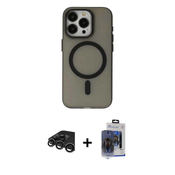 MARSİLYAN™- iPhone 15 Pro Max Kılıf Yadigar Işık - Siyah Vanessa Magic Cam + Titanyum Gri Raze Metal Kamera Lens