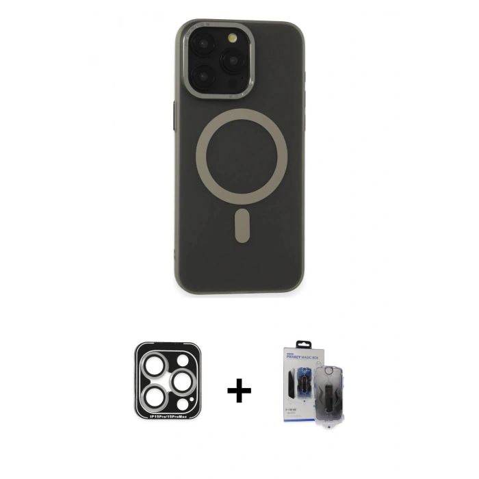 MARSİLYAN™- iPhone 15 Pro Max Kılıf Yadigar Işık - Siyah Vanessa Magic Hayalet Cam + PVD Metal Kamera Lens - GS