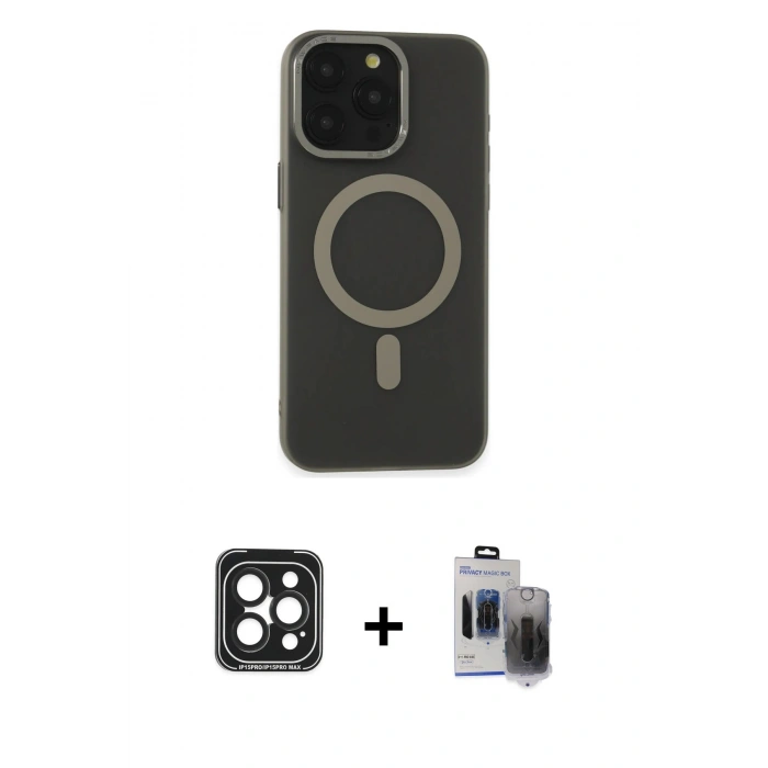 MARSİLYAN™- iPhone 15 Pro Max Kılıf Yadigar Işık - Siyah Vanessa Magic Hayalet Cam + PVD Metal Kamera Lens - SH
