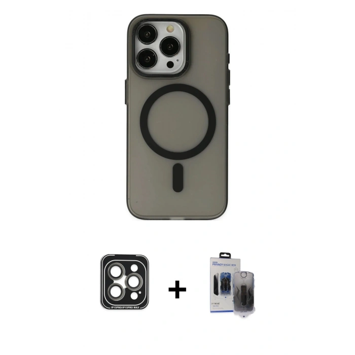 MARSİLYAN™- iPhone 15 Pro Max Kılıf Yadigar Işık - Siyah Vanessa Magic Hayalet Cam + PVD Metal Kamera Lens - GI