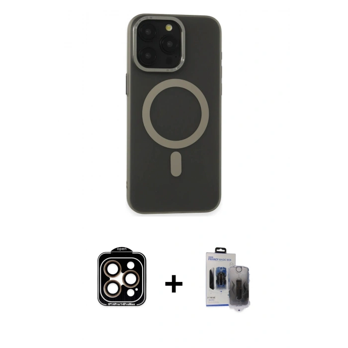 MARSİLYAN™- iPhone 15 Pro Max Kılıf Yadigar Işık - Siyah Vanessa Magic Hayalet Cam + PVD Metal Kamera Lens - TU