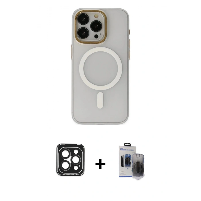 MARSİLYAN™- iPhone 15 Pro Max Kılıf Yadigar Işık - Siyah Vanessa Magic Hayalet Cam + PVD Metal Kamera Lens - SH