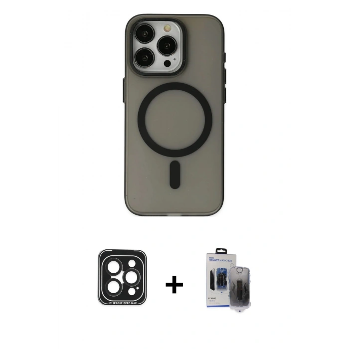 MARSİLYAN™- iPhone 15 Pro Max Kılıf Yadigar Işık - Siyah Vanessa Magic Hayalet Cam + PVD Metal Kamera Lens - SH