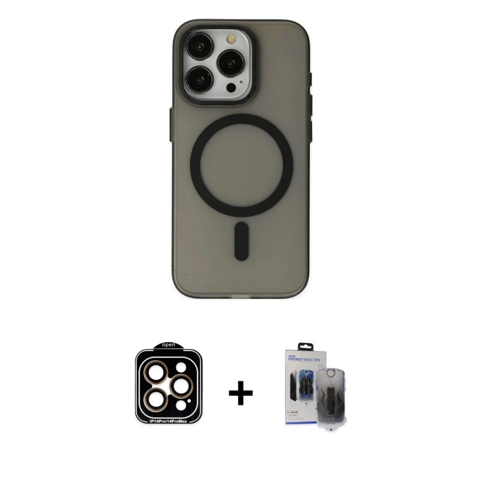 MARSİLYAN™- iPhone 15 Pro Max Kılıf Yadigar Işık - Siyah Vanessa Magic Hayalet Cam + PVD Metal Kamera Lens - TU