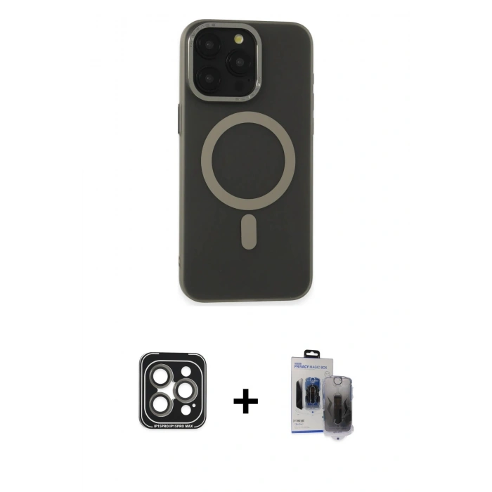 MARSİLYAN™- iPhone 15 Pro Max Kılıf Yadigar Işık - Siyah Vanessa Magic Hayalet Cam + PVD Metal Kamera Lens - GI