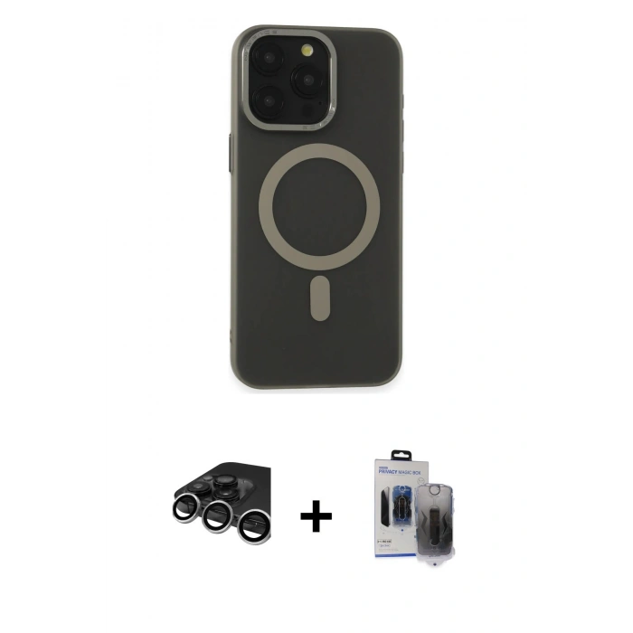 MARSİLYAN™- iPhone 15 Pro Max Kılıf Yadigar Işık - Siyah Vanessa Magic Hayalet Cam + Raze Metal Kamera Lens - GS