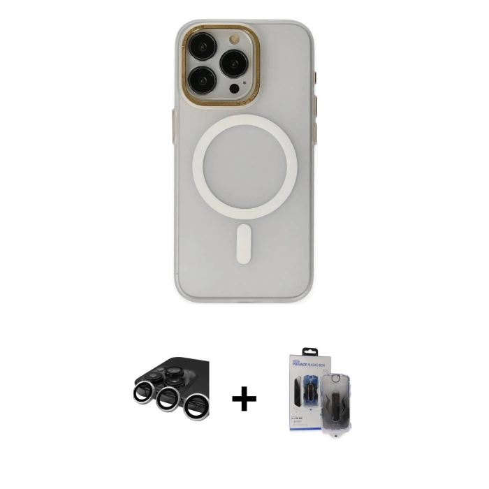 MARSİLYAN™- iPhone 15 Pro Max Kılıf Yadigar Işık - Siyah Vanessa Magic Hayalet Cam + Raze Metal Kamera Lens - GS