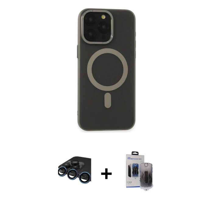 MARSİLYAN™- iPhone 15 Pro Max Kılıf Yadigar Işık - Siyah Vanessa Magic Hayalet Cam + Raze Metal Kamera Lens - LT