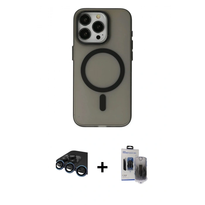 MARSİLYAN™- iPhone 15 Pro Max Kılıf Yadigar Işık - Siyah Vanessa Magic Hayalet Cam + Raze Metal Kamera Lens - LT