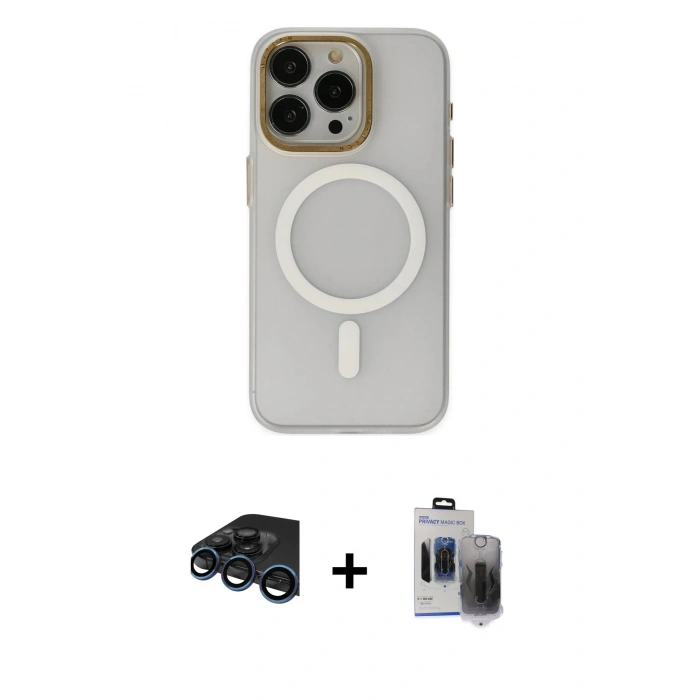 MARSİLYAN™- iPhone 15 Pro Max Kılıf Yadigar Işık - Siyah Vanessa Magic Hayalet Cam + Raze Metal Kamera Lens - LT