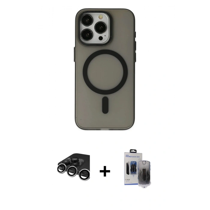MARSİLYAN™- iPhone 15 Pro Max Kılıf Yadigar Işık - Siyah Vanessa Magic Hayalet Cam + Raze Metal Kamera Lens - GS