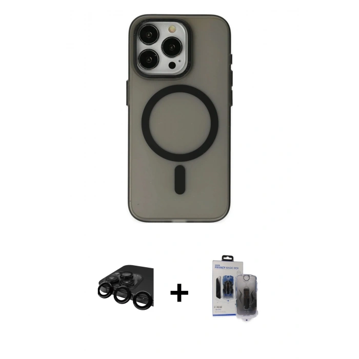 MARSİLYAN™- iPhone 15 Pro Max Kılıf Yadigar Işık - Siyah Vanessa Magic Hayalet Cam + Raze Metal Kamera Lens - SH