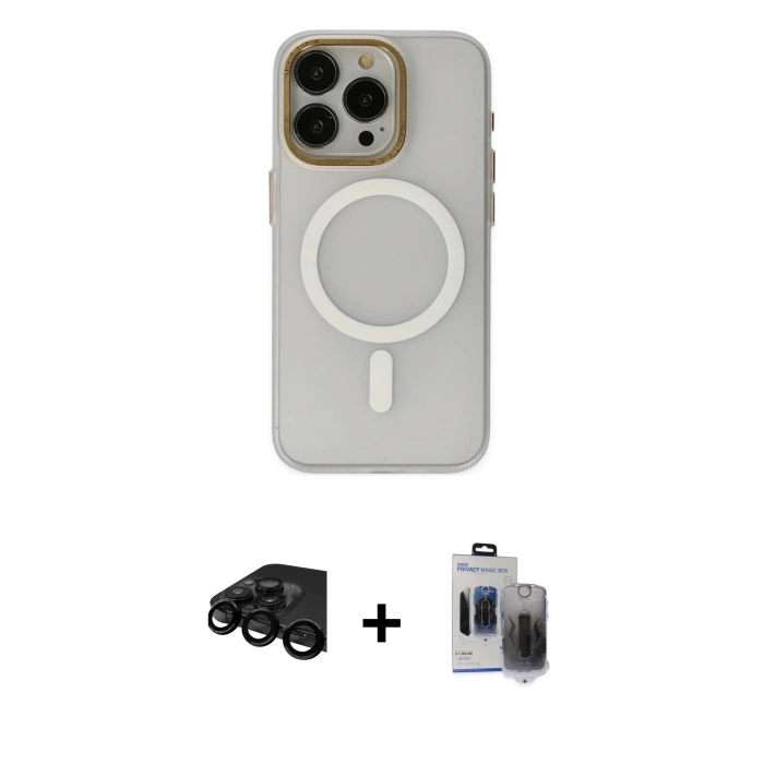 MARSİLYAN™- iPhone 15 Pro Max Kılıf Yadigar Işık - Siyah Vanessa Magic Hayalet Cam + Raze Metal Kamera Lens - SH