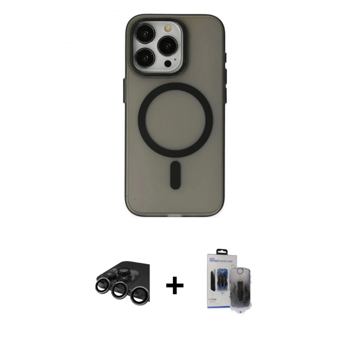 MARSİLYAN™- iPhone 15 Pro Max Kılıf Yadigar Işık - Siyah Vanessa Magic Hayalet Cam + Raze Metal Kamera Lens - TMGI