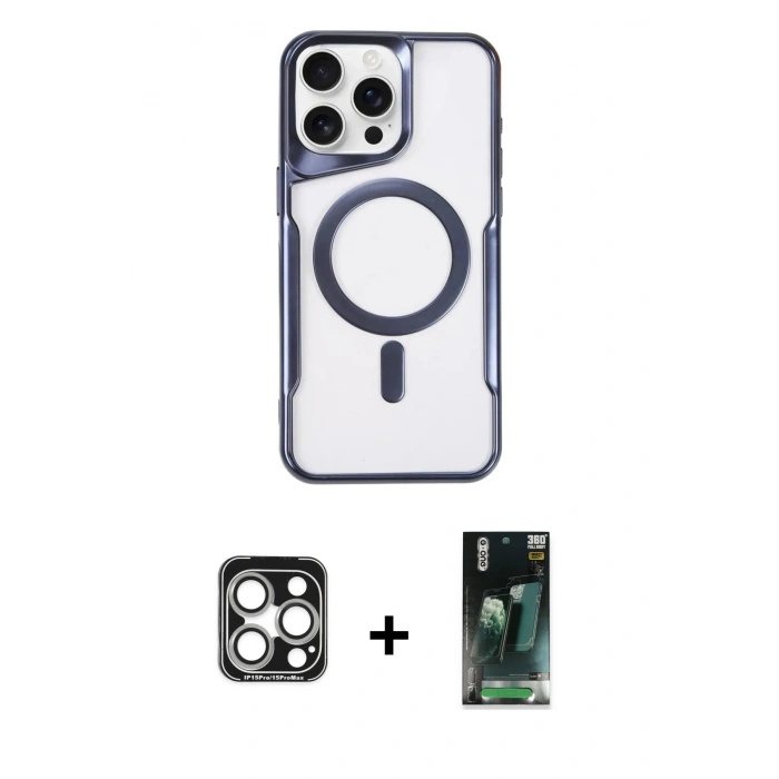 MARSİLYAN™- iPhone 15 Pro Max Kılıf Yadigar Klasik Özel Seri - Şeffaf 360 Full Body Arka Koruyucu + PVD Metal Kamera Lens - GS