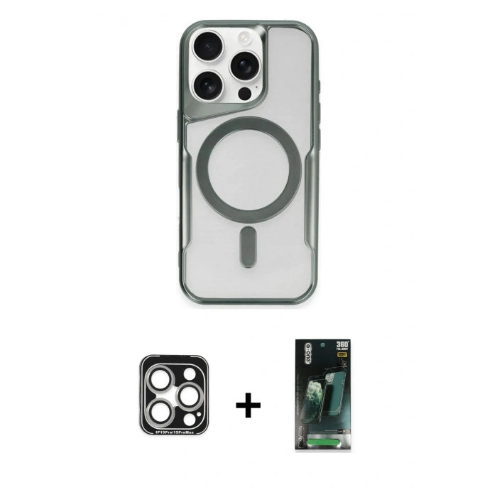 MARSİLYAN™- iPhone 15 Pro Max Kılıf Yadigar Klasik Özel Seri - Şeffaf 360 Full Body Arka Koruyucu + PVD Metal Kamera Lens - GS