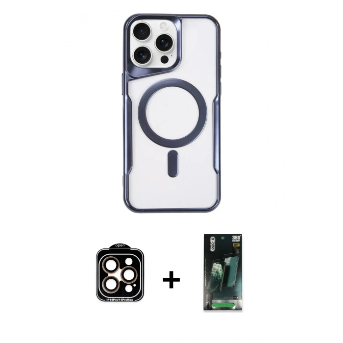 MARSİLYAN™- iPhone 15 Pro Max Kılıf Yadigar Klasik Özel Seri - Şeffaf 360 Full Body Arka Koruyucu + PVD Metal Kamera Lens - TU