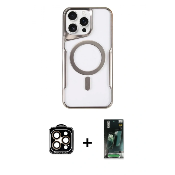 MARSİLYAN™- iPhone 15 Pro Max Kılıf Yadigar Klasik Özel Seri - Şeffaf 360 Full Body Arka Koruyucu + PVD Metal Kamera Lens - TU
