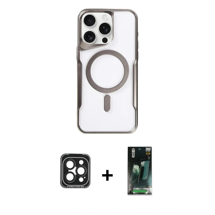 MARSİLYAN™- iPhone 15 Pro Max Kılıf Yadigar Klasik Özel Seri - Şeffaf 360 Full Body Arka Koruyucu + PVD Metal Kamera Lens - SH