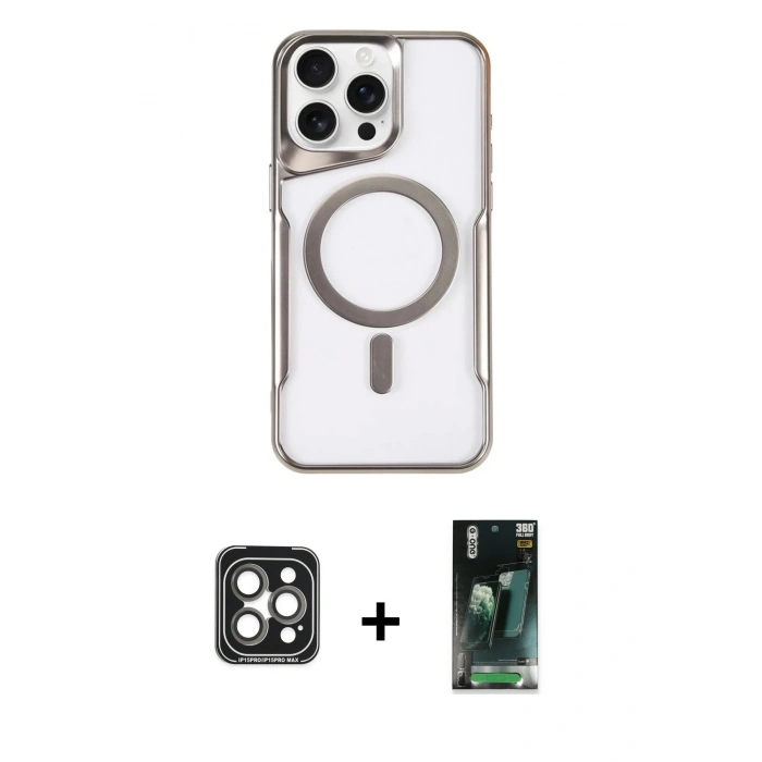 MARSİLYAN™- iPhone 15 Pro Max Kılıf Yadigar Klasik Özel Seri - Şeffaf 360 Full Body Arka Koruyucu + PVD Metal Kamera Lens - GI