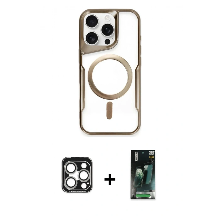MARSİLYAN™- iPhone 15 Pro Max Kılıf Yadigar Klasik Özel Seri - Şeffaf 360 Full Body Arka Koruyucu + PVD Metal Kamera Lens - GS