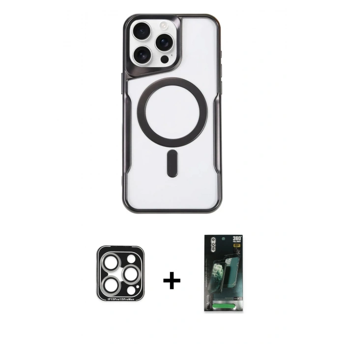 MARSİLYAN™- iPhone 15 Pro Max Kılıf Yadigar Klasik Özel Seri - Şeffaf 360 Full Body Arka Koruyucu + PVD Metal Kamera Lens - GS