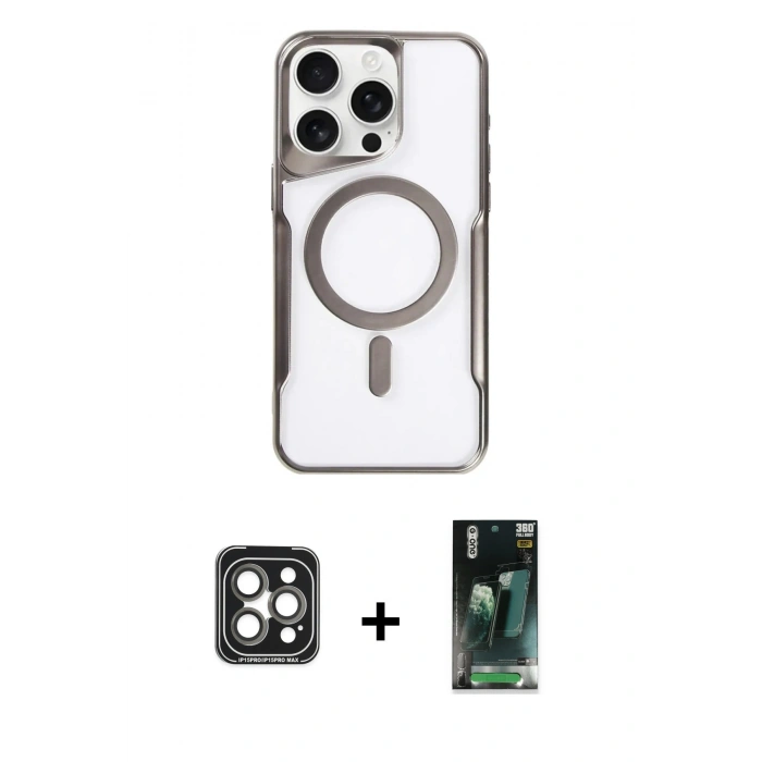 MARSİLYAN™- iPhone 15 Pro Max Kılıf Yadigar Klasik Özel Seri - Şeffaf 360 Full Body Arka Koruyucu + PVD Metal Kamera Lens - GI