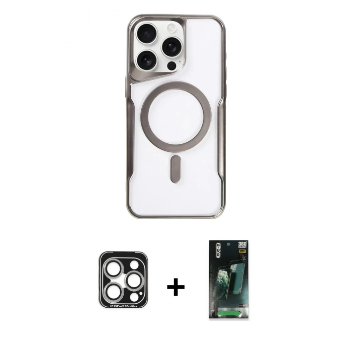 MARSİLYAN™- iPhone 15 Pro Max Kılıf Yadigar Klasik Özel Seri - Şeffaf 360 Full Body Arka Koruyucu + PVD Metal Kamera Lens - GS