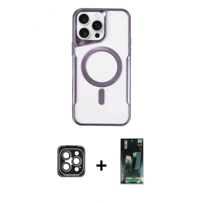 MARSİLYAN™- iPhone 15 Pro Max Kılıf Yadigar Klasik Özel Seri - Şeffaf 360 Full Body Arka Koruyucu + PVD Metal Kamera Lens - GI