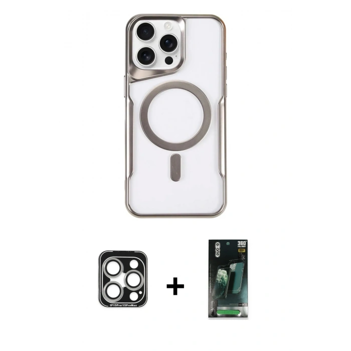 MARSİLYAN™- iPhone 15 Pro Max Kılıf Yadigar Klasik Özel Seri - Şeffaf 360 Full Body Arka Koruyucu + PVD Metal Kamera Lens - GS