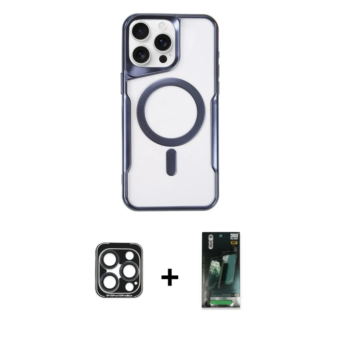 MARSİLYAN™- iPhone 15 Pro Max Kılıf Yadigar Klasik Özel Seri - Şeffaf 360 Full Body Arka Koruyucu + PVD Metal Kamera Lens - LT