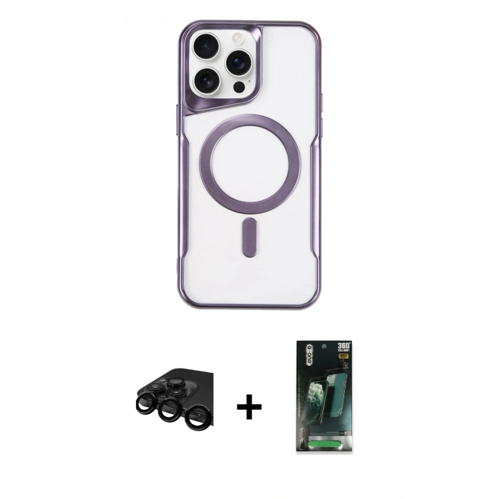 MARSİLYAN™- iPhone 15 Pro Max Kılıf Yadigar Klasik Özel Seri - Şeffaf 360 Full Body Arka Koruyucu + Raze Metal Kamera Lens - SH