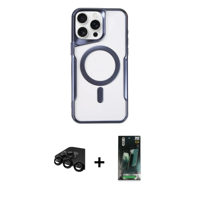 MARSİLYAN™- iPhone 15 Pro Max Kılıf Yadigar Klasik Özel Seri - Şeffaf 360 Full Body Arka Koruyucu + Raze Metal Kamera Lens - SH