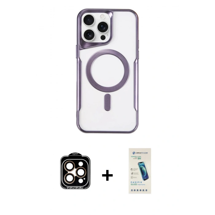 MARSİLYAN™- iPhone 15 Pro Max Kılıf Yadigar Klasik Özel Seri - Şeffaf Pasifik Cam Ekran Koruyucu + PVD Metal Kamera Lens - TU