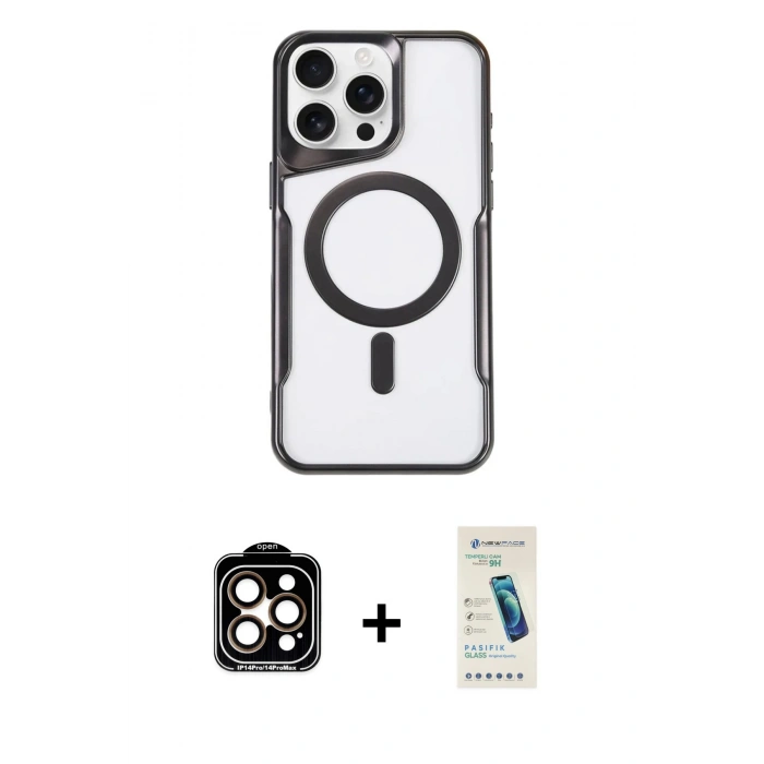 MARSİLYAN™- iPhone 15 Pro Max Kılıf Yadigar Klasik Özel Seri - Şeffaf Pasifik Cam Ekran Koruyucu + PVD Metal Kamera Lens - TU