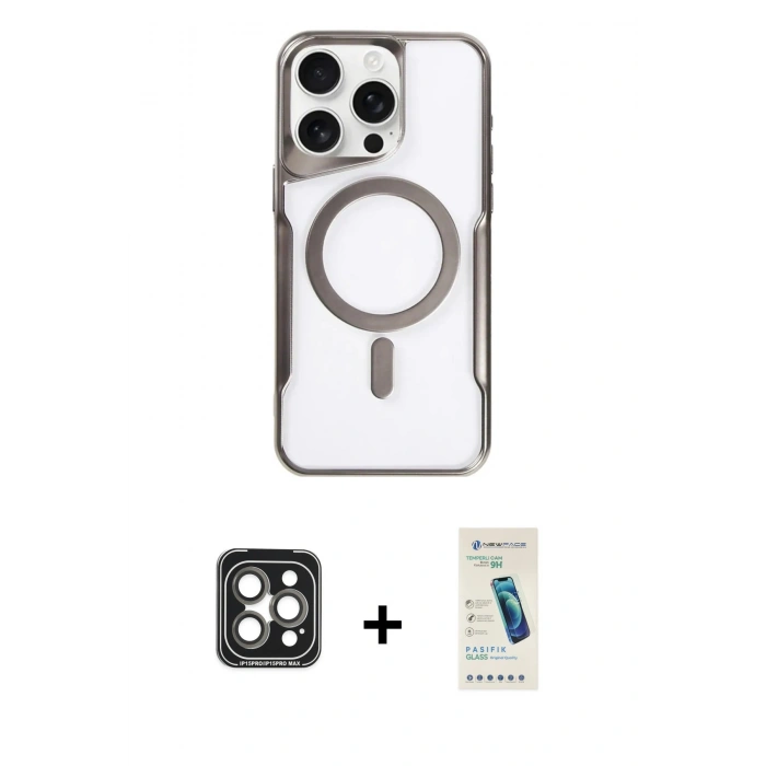 MARSİLYAN™- iPhone 15 Pro Max Kılıf Yadigar Klasik Özel Seri - Şeffaf Pasifik Cam Ekran Koruyucu + PVD Metal Kamera Lens - GI