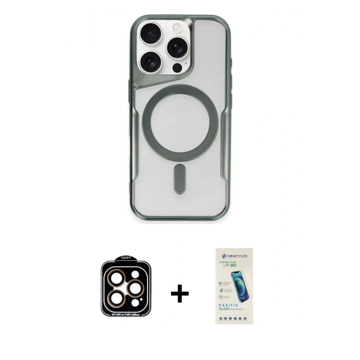 MARSİLYAN™- iPhone 15 Pro Max Kılıf Yadigar Klasik Özel Seri - Şeffaf Pasifik Cam Ekran Koruyucu + PVD Metal Kamera Lens - TU