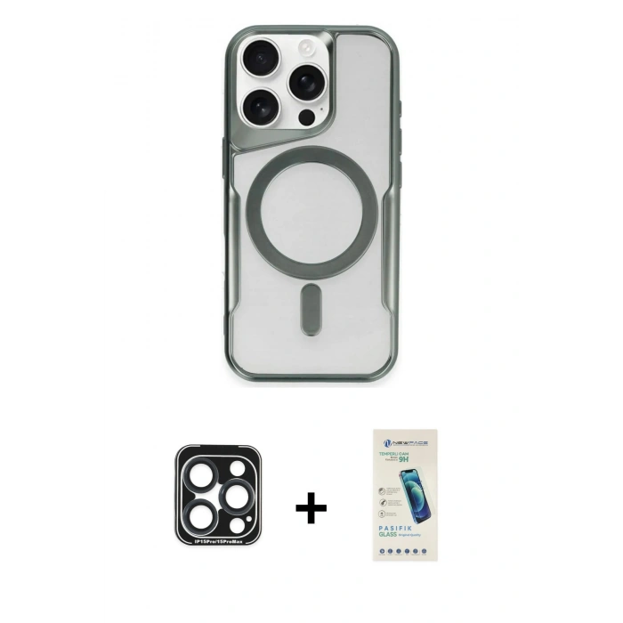 MARSİLYAN™- iPhone 15 Pro Max Kılıf Yadigar Klasik Özel Seri - Şeffaf Pasifik Cam Ekran Koruyucu + PVD Metal Kamera Lens - LT