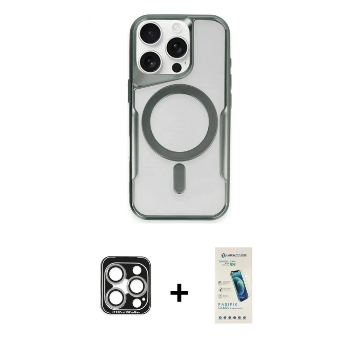 MARSİLYAN™- iPhone 15 Pro Max Kılıf Yadigar Klasik Özel Seri - Şeffaf Pasifik Cam Ekran Koruyucu + PVD Metal Kamera Lens - GS