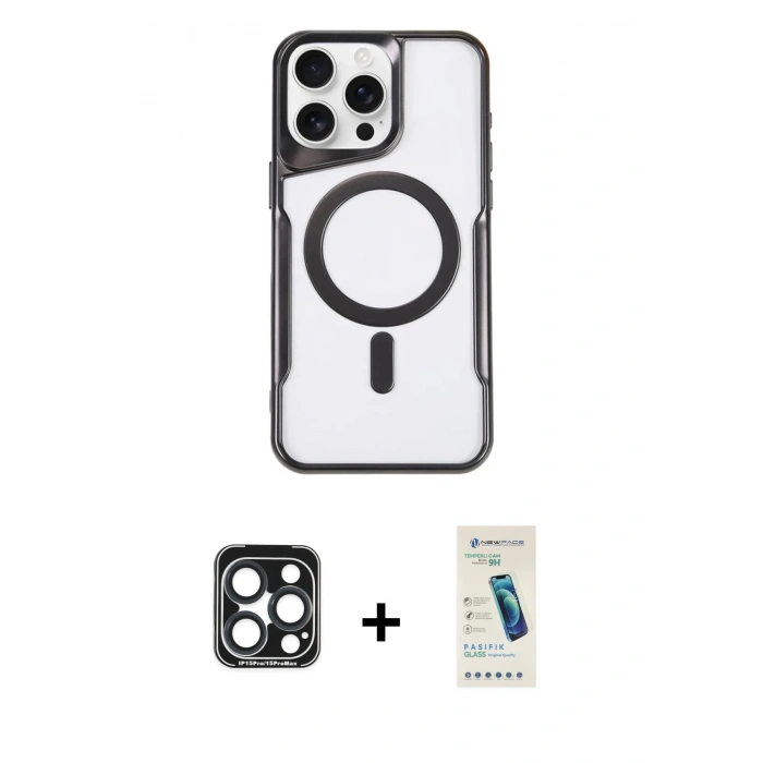 MARSİLYAN™- iPhone 15 Pro Max Kılıf Yadigar Klasik Özel Seri - Şeffaf Pasifik Cam Ekran Koruyucu + PVD Metal Kamera Lens - LT