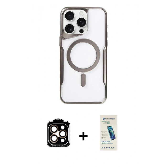 MARSİLYAN™- iPhone 15 Pro Max Kılıf Yadigar Klasik Özel Seri - Şeffaf Pasifik Cam Ekran Koruyucu + PVD Metal Kamera Lens - TU