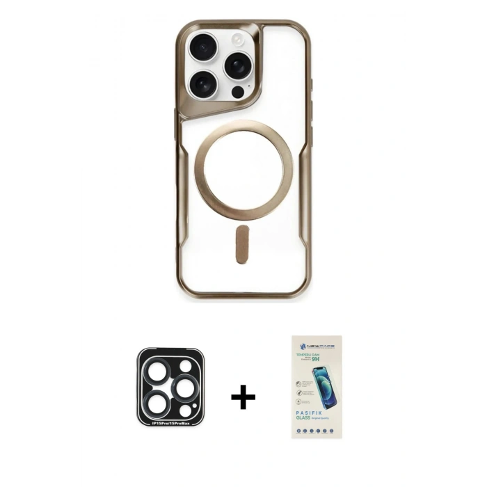 MARSİLYAN™- iPhone 15 Pro Max Kılıf Yadigar Klasik Özel Seri - Şeffaf Pasifik Cam Ekran Koruyucu + PVD Metal Kamera Lens - LT
