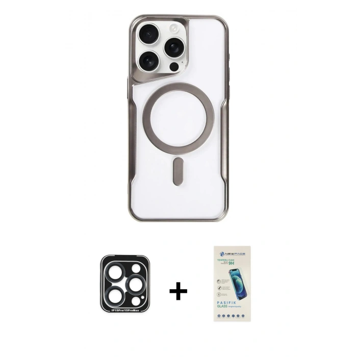 MARSİLYAN™- iPhone 15 Pro Max Kılıf Yadigar Klasik Özel Seri - Şeffaf Pasifik Cam Ekran Koruyucu + PVD Metal Kamera Lens - LT