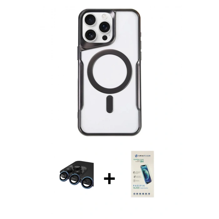 MARSİLYAN™- iPhone 15 Pro Max Kılıf Yadigar Klasik Özel Seri - Şeffaf Pasifik Cam Ekran Koruyucu + Raze Metal Kamera Lens - LT