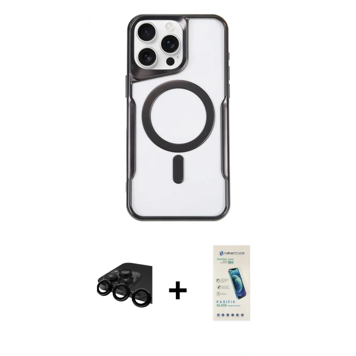 MARSİLYAN™- iPhone 15 Pro Max Kılıf Yadigar Klasik Özel Seri - Şeffaf Pasifik Cam Ekran Koruyucu + Raze Metal Kamera Lens - SH