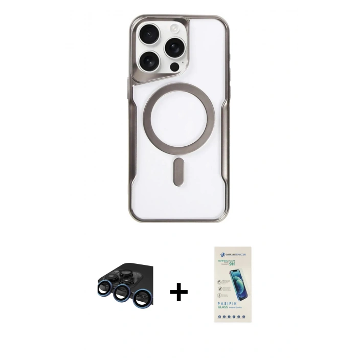 MARSİLYAN™- iPhone 15 Pro Max Kılıf Yadigar Klasik Özel Seri - Şeffaf Pasifik Cam Ekran Koruyucu + Raze Metal Kamera Lens - LT