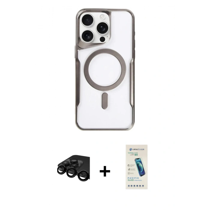 MARSİLYAN™- iPhone 15 Pro Max Kılıf Yadigar Klasik Özel Seri - Şeffaf Pasifik Cam Ekran Koruyucu + Raze Metal Kamera Lens - SH