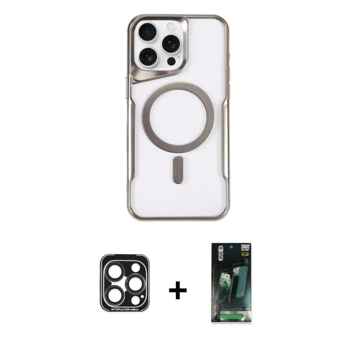 MARSİLYAN™- iPhone 15 Pro Max Kılıf Yadigar Klasik Özel Seri - Siyah 360 Mat Full Body Arka Koruyucu + Lacivert PVD Metal Kamera Lens